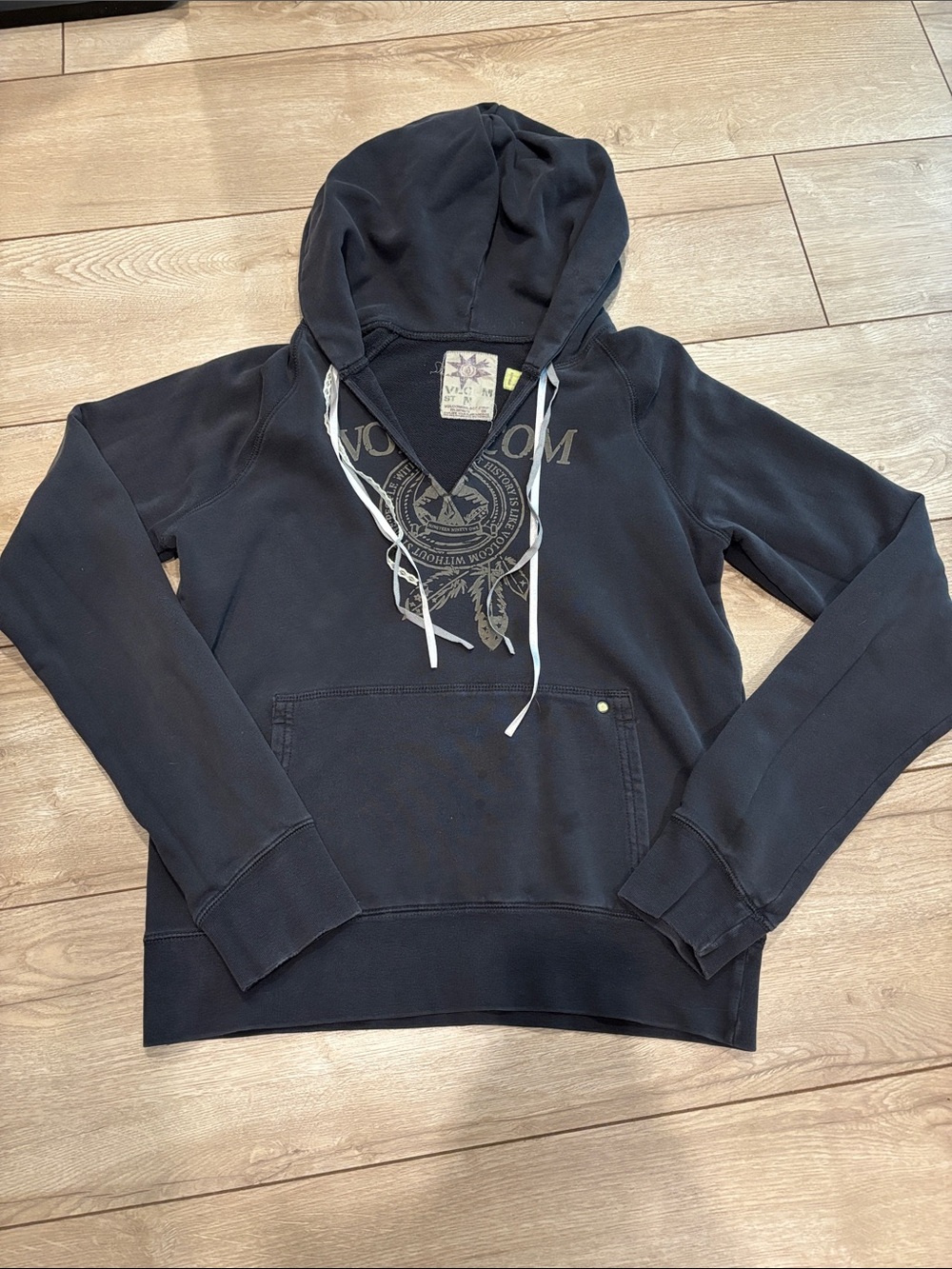 Volcom charcoal Graphic Pullover Hoodie with ribbon Drawstrings